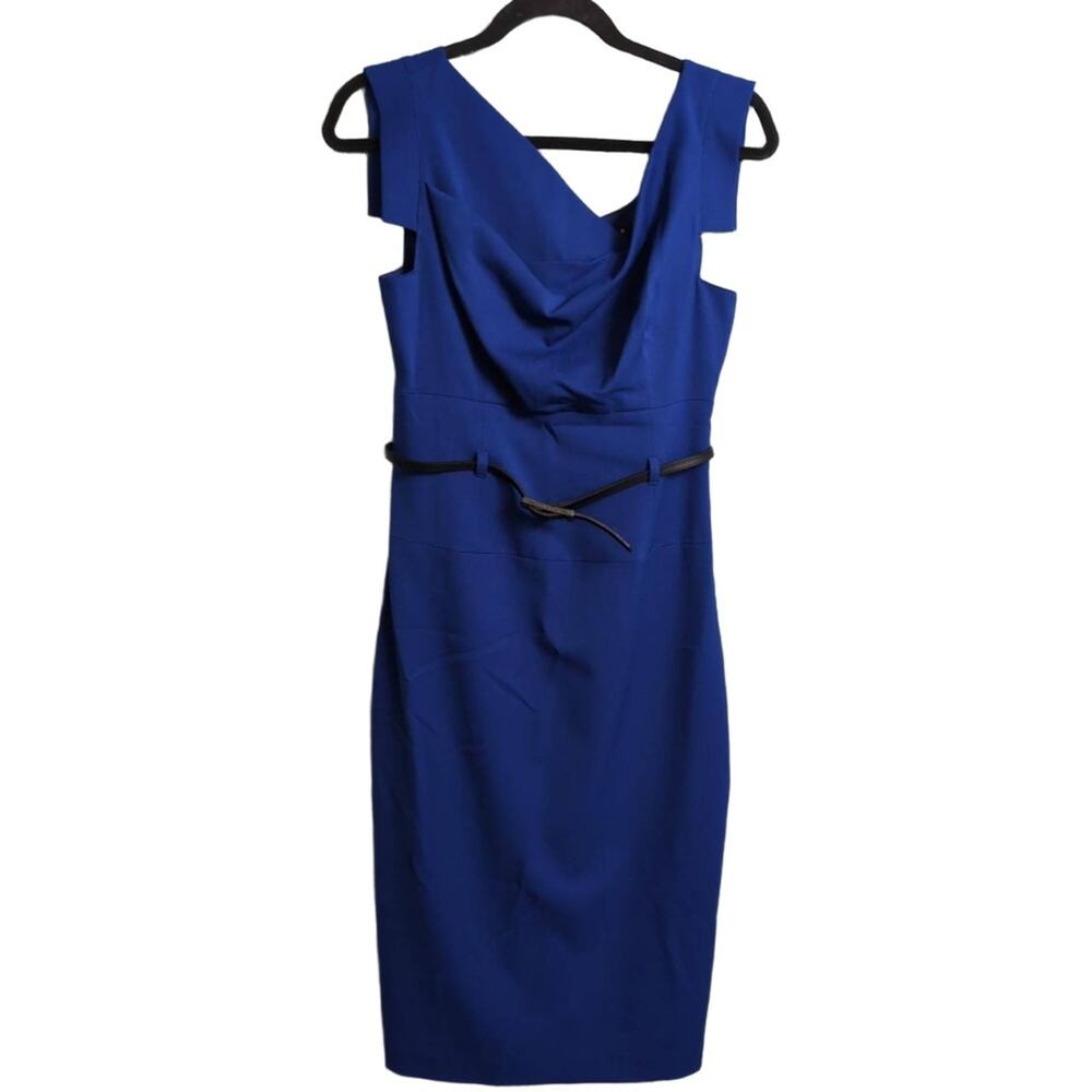BLACK HALO Classic Jackie O Sheath Dress Cobalt Blue Cowl Neck Sleeveless 6